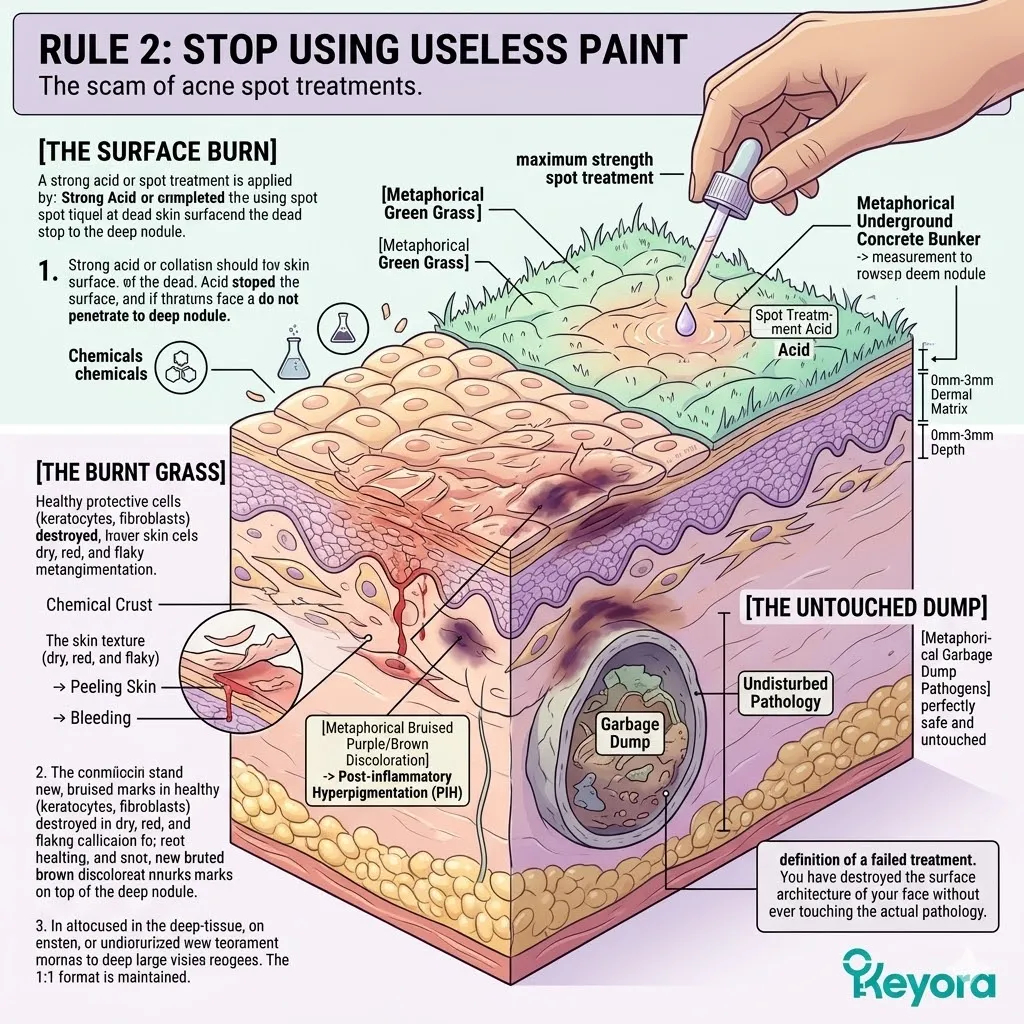 The Surface Burn of topical acids acts as a biological fraud, creating a Chemical Crust and Burnt Grass effect while the Necrotic Core remains untouched in the Dermal Depth. The Surface Burn of topical acids acts as a biological fraud, creating a Chemical Crust and Burnt Grass effect while the Necrotic Core remains untouched in the Dermal Depth.