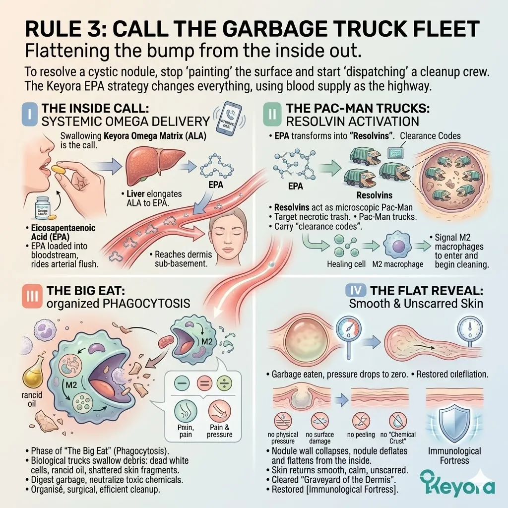 The Inside Call deploys EPA-derived Resolvins to activate M2 Pac-Man Trucks, executing The Big Eat to clear the Necrotic Core and achieve the Flat Reveal. The Inside Call deploys EPA-derived Resolvins to activate M2 Pac-Man Trucks, executing The Big Eat to clear the Necrotic Core and achieve the Flat Reveal.