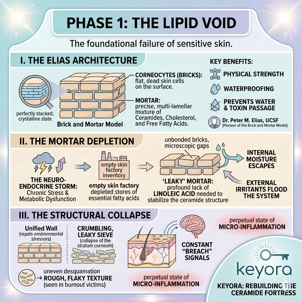 Structural lipid void analysis of the Elias Architecture where mortar depletion triggers the Ceramide Fortress collapse and chronic systemic breach. Structural lipid void analysis of the Elias Architecture where mortar depletion triggers the Ceramide Fortress collapse and chronic systemic breach.