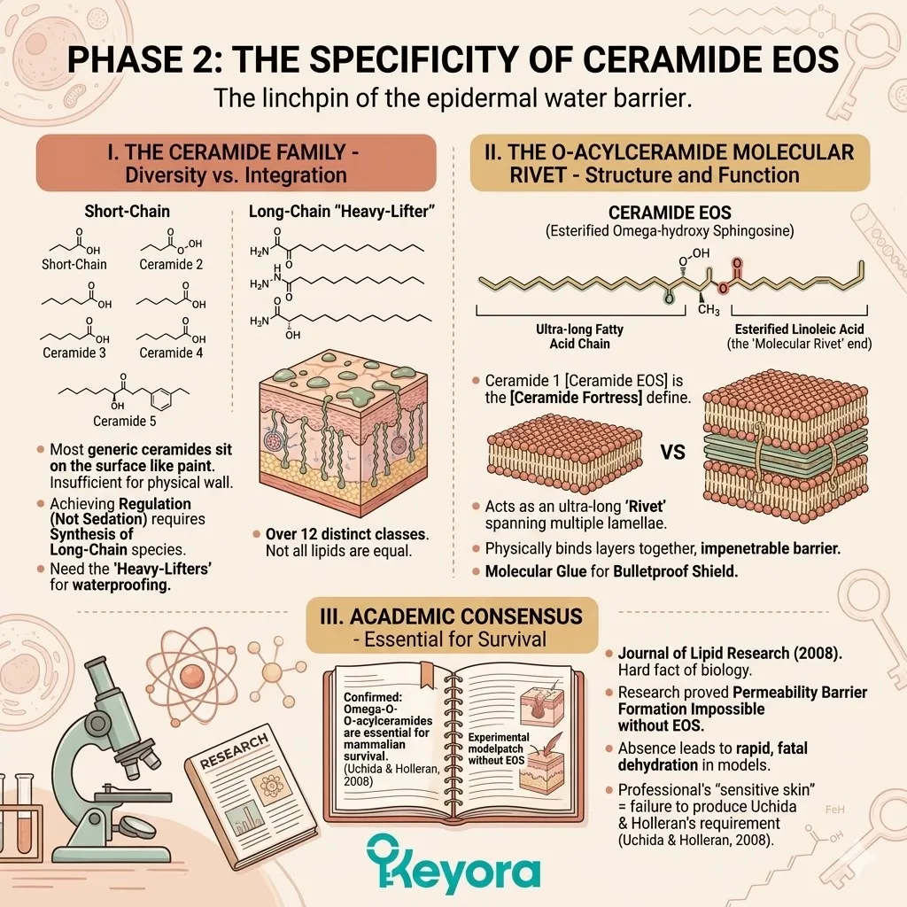 Synthesis of Ceramide EOS rivets via Linoleic Acid esterification to secure the Lamellar Matrix and reinforce the Ceramide Fortress for survival.The O-Acylceramide structure functions as the molecular Coronation of the barrier, serving as the Gavel Drop on generic lipid supplementation. Synthesis of Ceramide EOS rivets via Linoleic Acid esterification to secure the Lamellar Matrix and reinforce the Ceramide Fortress for survival.The O-Acylceramide structure functions as the molecular Coronation of the barrier, serving as the Gavel Drop on generic lipid supplementation.