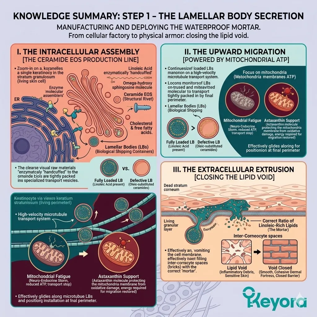 Lamellar Body Secretion of Ceramide EOS rivets into the extracellular space to close the lipid void and reinforce the Ceramide Fortress via Linoleic Acid. Lamellar Body Secretion of Ceramide EOS rivets into the extracellular space to close the lipid void and reinforce the Ceramide Fortress via Linoleic Acid.