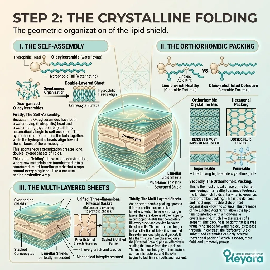 Crystalline Folding into Orthorhombic Packing via Linoleic Acid to engineer the high-tensile multi-lamellar matrix of the Ceramide Fortress. Crystalline Folding into Orthorhombic Packing via Linoleic Acid to engineer the high-tensile multi-lamellar matrix of the Ceramide Fortress.