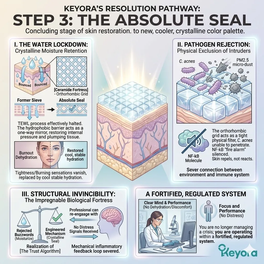 Absolute Seal activation through Orthorhombic Grid Water Lockdown to terminate TEWL and ensure Pathogen Rejection within the Ceramide Fortress. Absolute Seal activation through Orthorhombic Grid Water Lockdown to terminate TEWL and ensure Pathogen Rejection within the Ceramide Fortress.