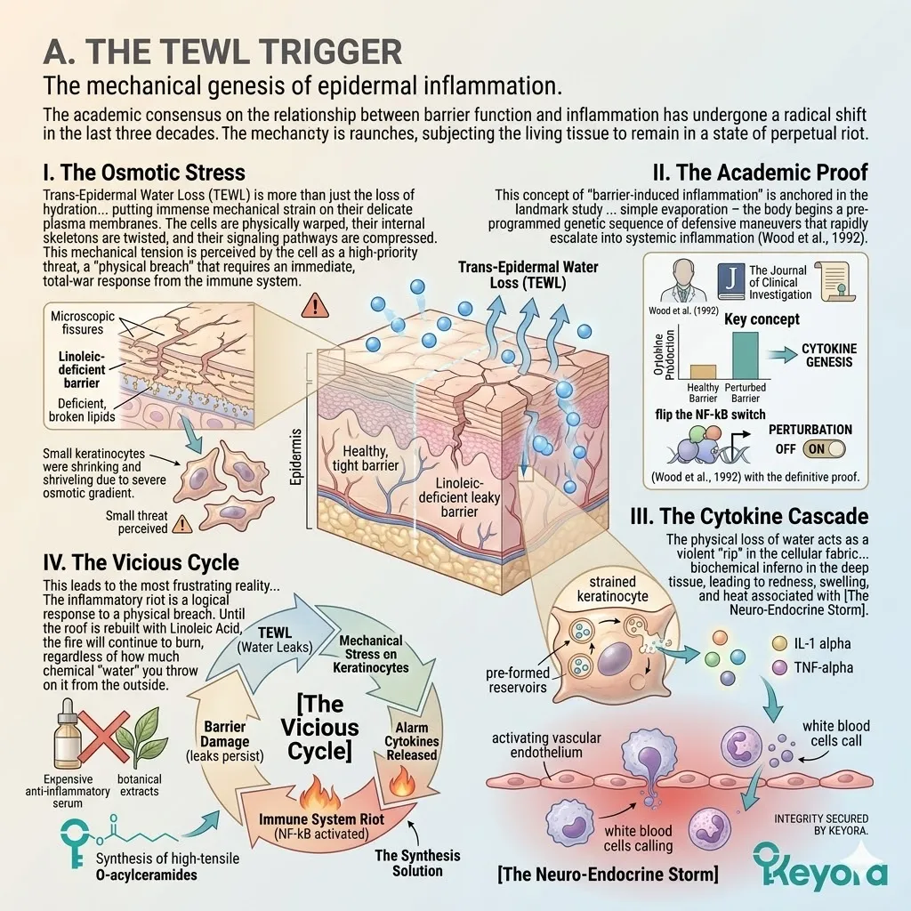 Mechanical genesis of the Vicious Cycle where TEWL induces Osmotic Stress to trigger the NF-kB Cytokine Cascade within the Ceramide Fortress. Mechanical genesis of the Vicious Cycle where TEWL induces Osmotic Stress to trigger the NF-kB Cytokine Cascade within the Ceramide Fortress.