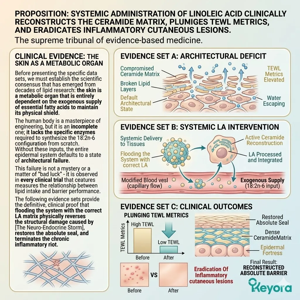 Systemic Administration of Linoleic Acid to reconstruct the Ceramide Matrix and plunge TEWL metrics, terminating the inflammatory riot for sovereignty. Systemic Administration of Linoleic Acid to reconstruct the Ceramide Matrix and plunge TEWL metrics, terminating the inflammatory riot for sovereignty.