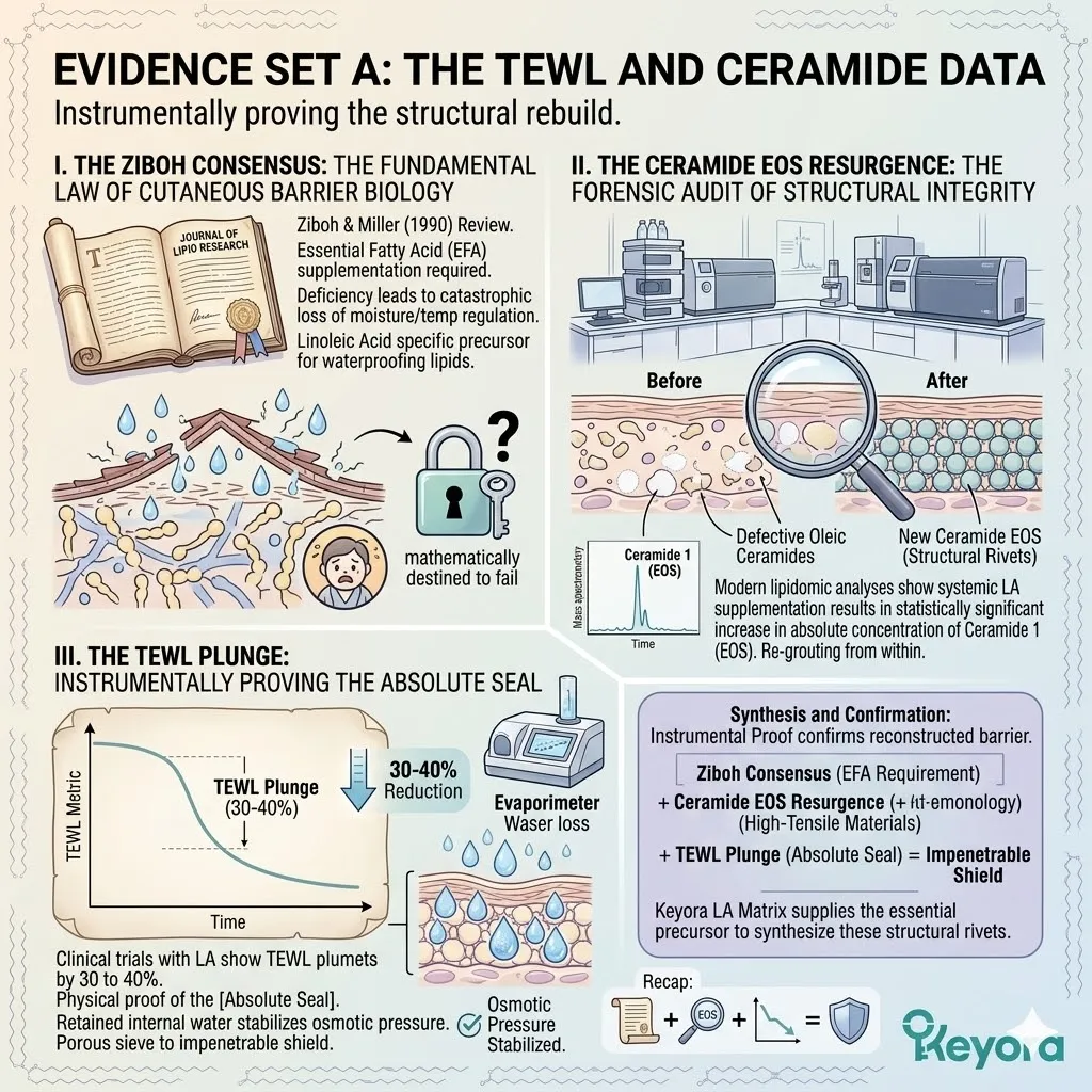 Evidence Set A confirms the Ceramide EOS Resurgence and TEWL Plunge via Linoleic Acid to instrumentally prove the structural rebuild of the Ceramide Fortress. Evidence Set A confirms the Ceramide EOS Resurgence and TEWL Plunge via Linoleic Acid to instrumentally prove the structural rebuild of the Ceramide Fortress.