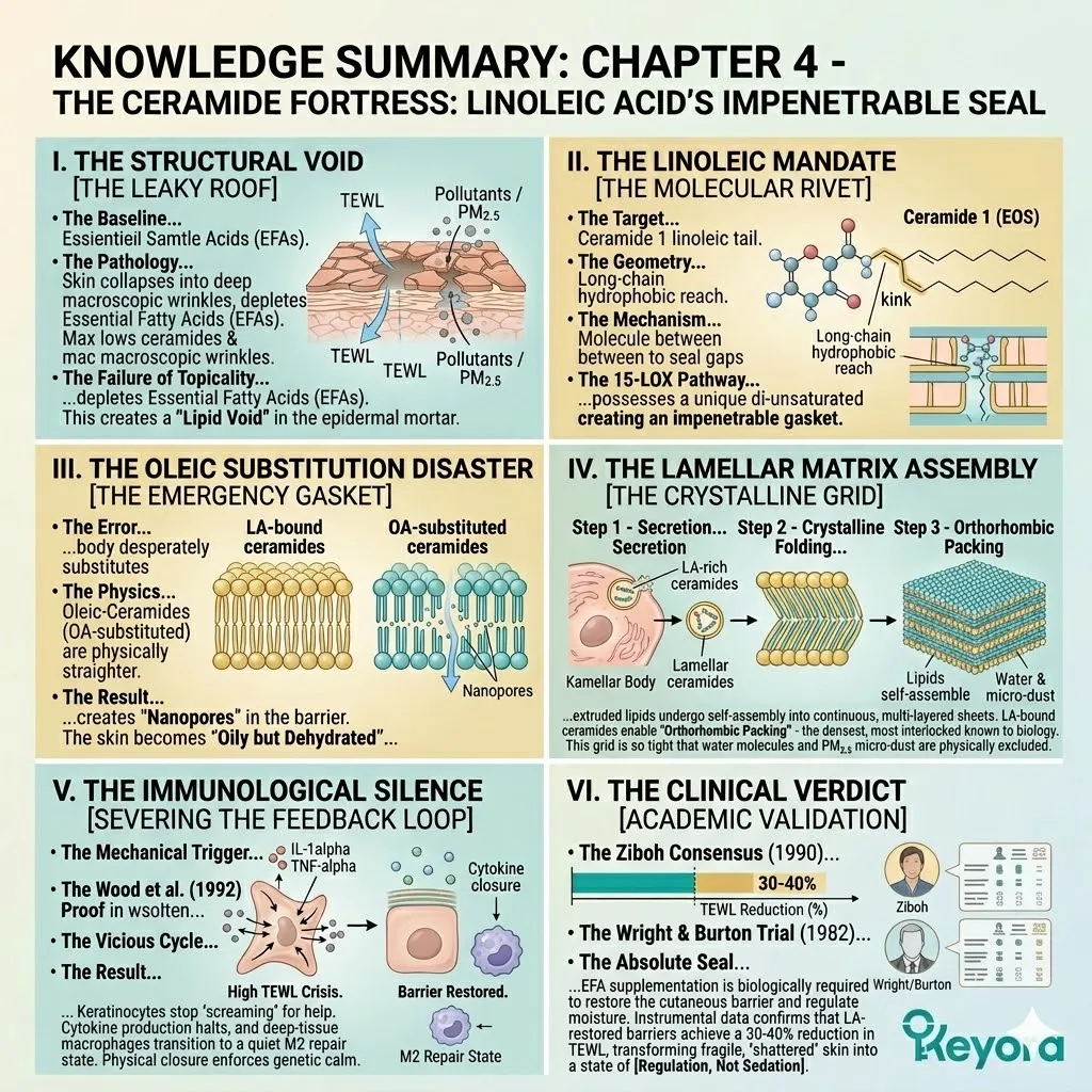 KNOWLEDGE SUMMARY visual deconstructing the Ceramide Matrix into the Structural Void, the Linoleic Mandate, and the Lamellar Matrix Assembly for absolute sealing. KNOWLEDGE SUMMARY visual deconstructing the Ceramide Matrix into the Structural Void, the Linoleic Mandate, and the Lamellar Matrix Assembly for absolute sealing.