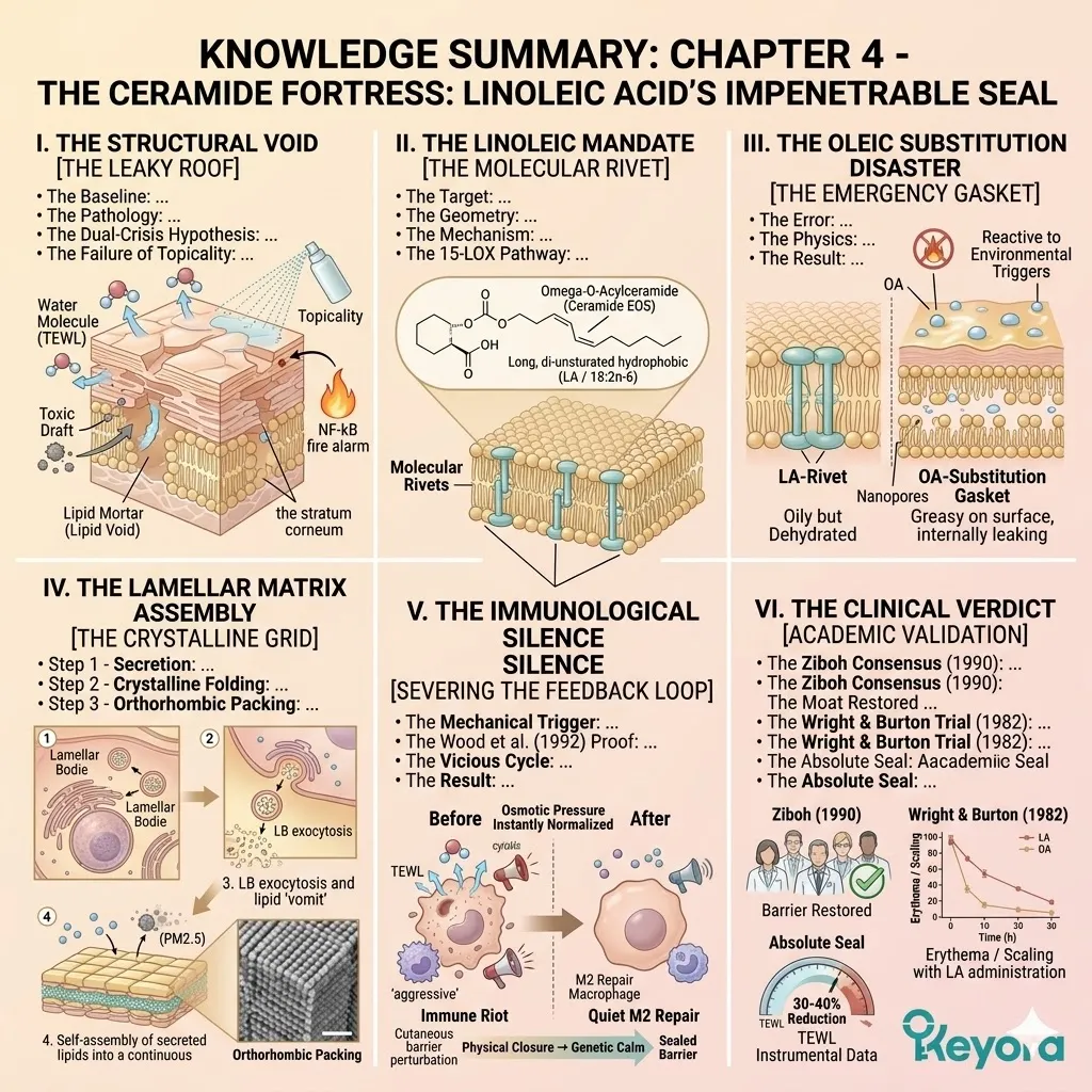 KNOWLEDGE SUMMARY visual deconstructing the Ceramide Matrix into the Structural Void, the Linoleic Mandate, and the Lamellar Matrix Assembly for absolute sealing. KNOWLEDGE SUMMARY visual deconstructing the Ceramide Matrix into the Structural Void, the Linoleic Mandate, and the Lamellar Matrix Assembly for absolute sealing.