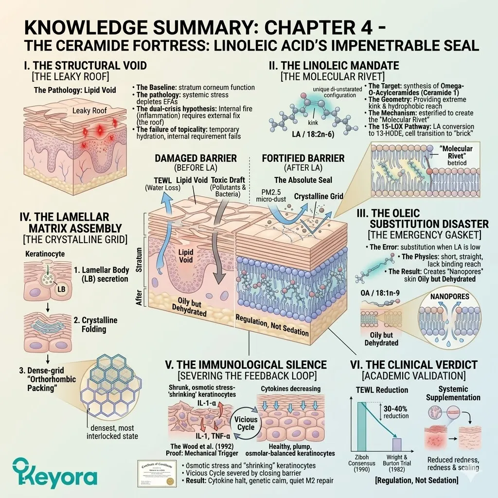 KNOWLEDGE SUMMARY visual deconstructing the Ceramide Matrix into the Structural Void, the Linoleic Mandate, and the Lamellar Matrix Assembly for absolute sealing. KNOWLEDGE SUMMARY visual deconstructing the Ceramide Matrix into the Structural Void, the Linoleic Mandate, and the Lamellar Matrix Assembly for absolute sealing.