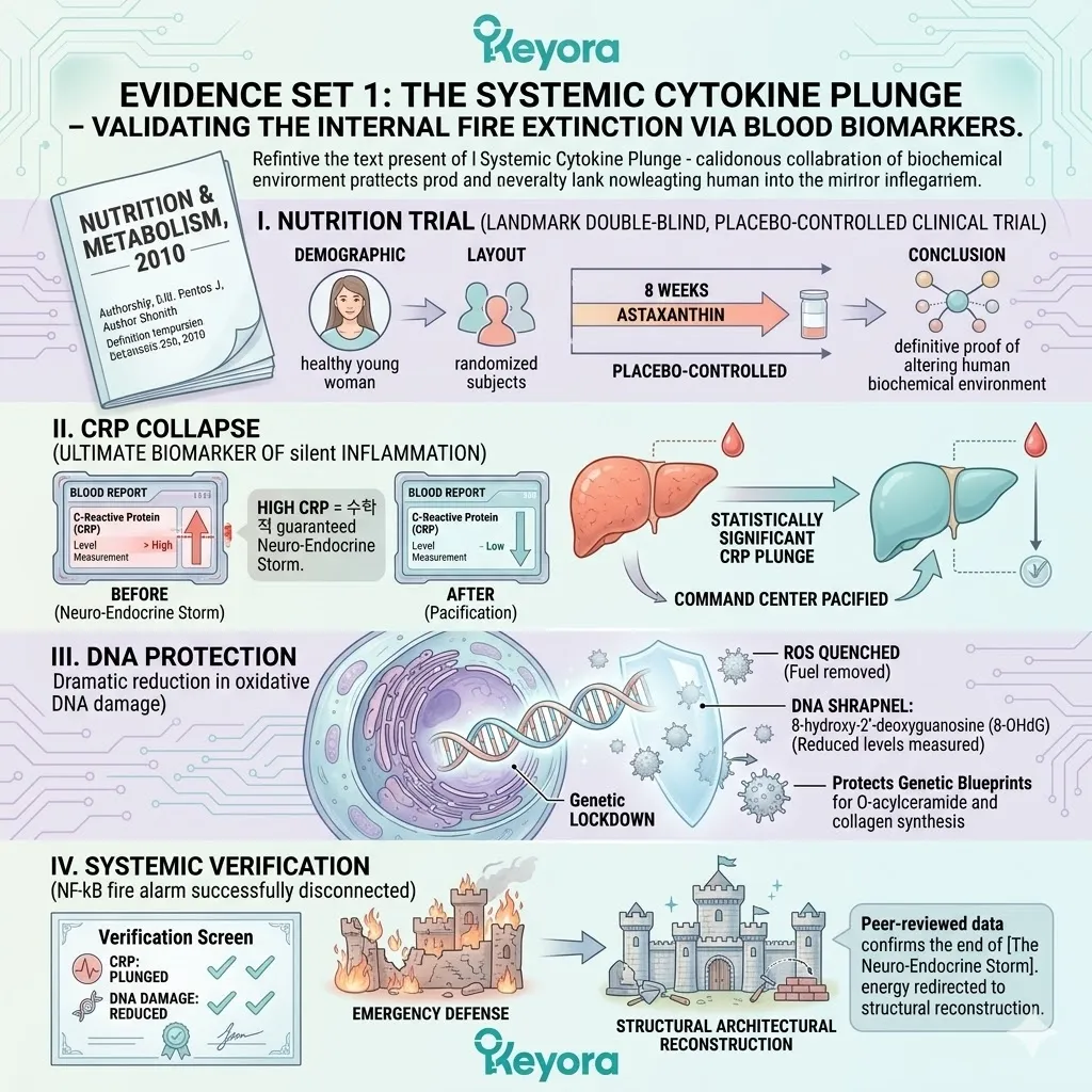 Park et al. 2010 clinical validation confirms the CRP Collapse and DNA Protection to extinguish the Neuro-Endocrine Storm via systemic Astaxanthin deployment. Park et al. 2010 clinical validation confirms the CRP Collapse and DNA Protection to extinguish the Neuro-Endocrine Storm via systemic Astaxanthin deployment.