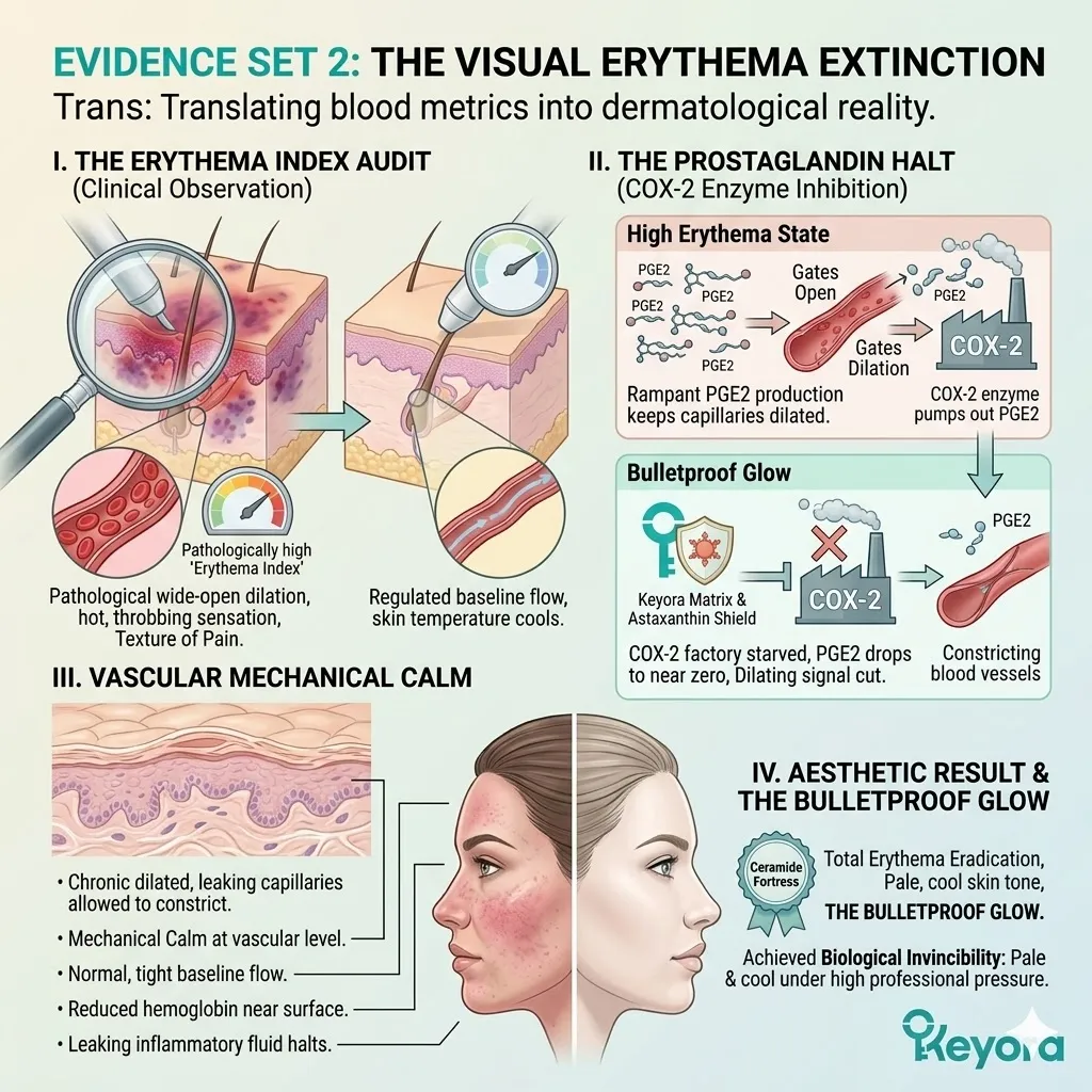 COX-2 inhibition and PGE2 reduction trigger Vascular Constriction to achieve Visual Erythema Extinction and dismantle the Neuro-Endocrine Storm. COX-2 inhibition and PGE2 reduction trigger Vascular Constriction to achieve Visual Erythema Extinction and dismantle the Neuro-Endocrine Storm.