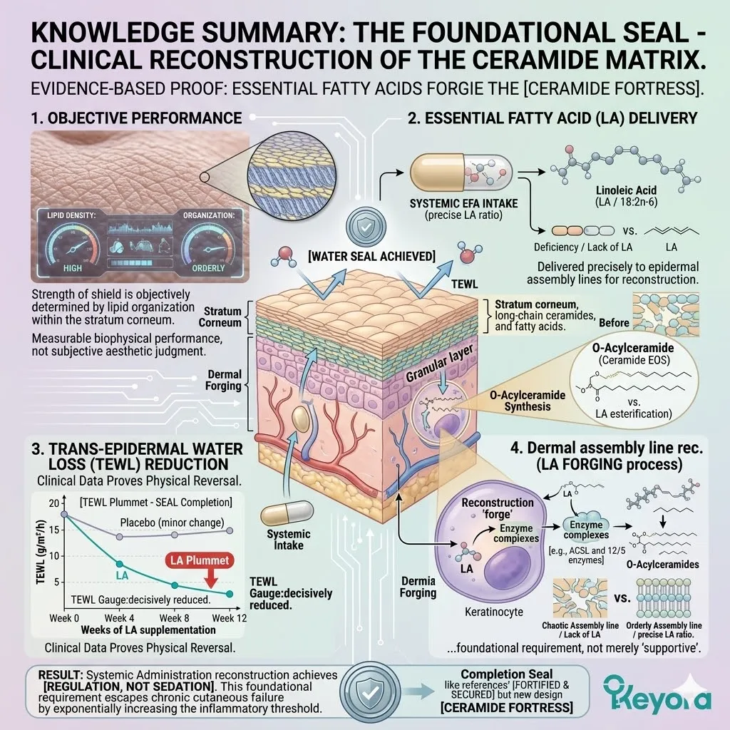 Systemic Administration of the Essential Fatty Acid matrix executes the Ceramide Matrix reconstruction to halt TEWL and neutralize the Neuro-Endocrine Storm. Systemic Administration of the Essential Fatty Acid matrix executes the Ceramide Matrix reconstruction to halt TEWL and neutralize the Neuro-Endocrine Storm.
