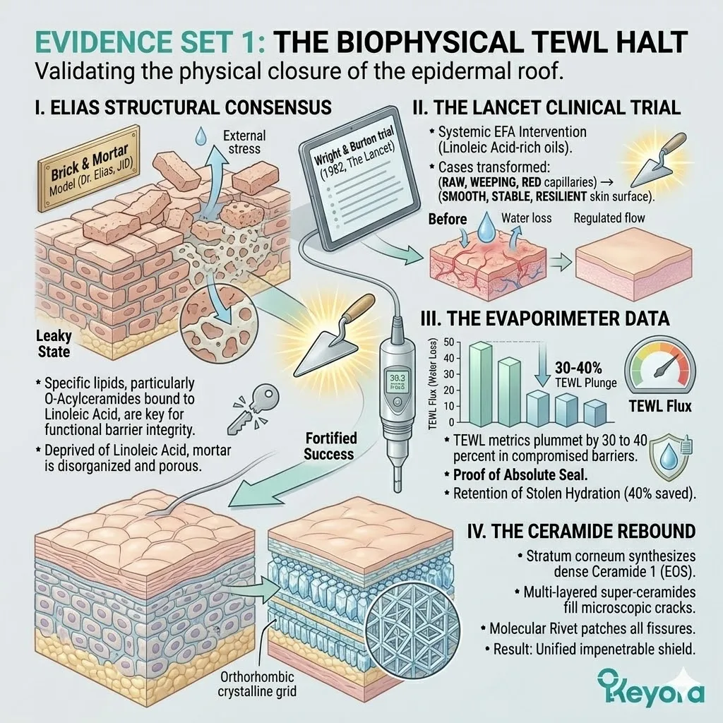 Elias and Lancet clinical data validate Linoleic Acid synthesis of O-Acylceramides to execute the Biophysical TEWL Halt and seal the Ceramide Fortress. Elias and Lancet clinical data validate Linoleic Acid synthesis of O-Acylceramides to execute the Biophysical TEWL Halt and seal the Ceramide Fortress.