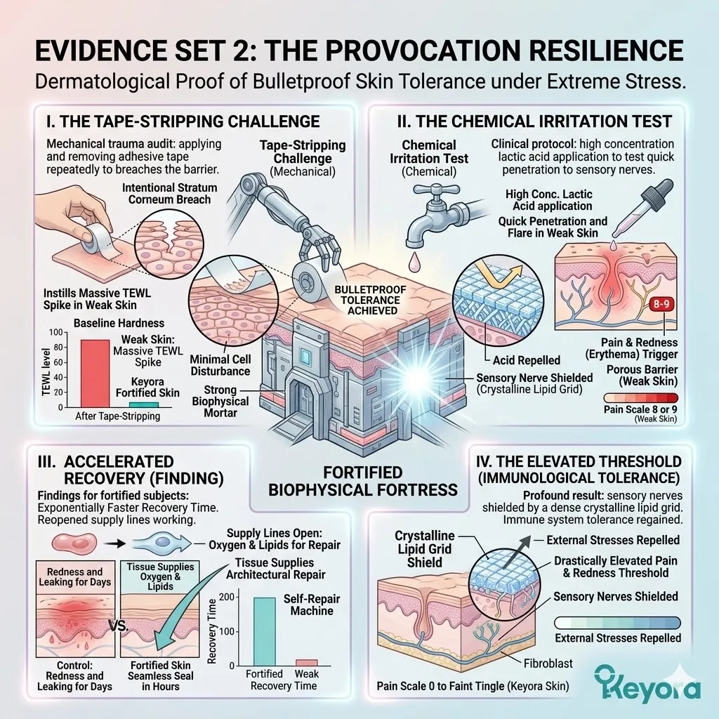 Systemic Regulator deployment during Tape-Stripping and Chemical Irritation Tests validates the Accelerated Recovery and Elevated Threshold of the Ceramide Fortress. Systemic Regulator deployment during Tape-Stripping and Chemical Irritation Tests validates the Accelerated Recovery and Elevated Threshold of the Ceramide Fortress.