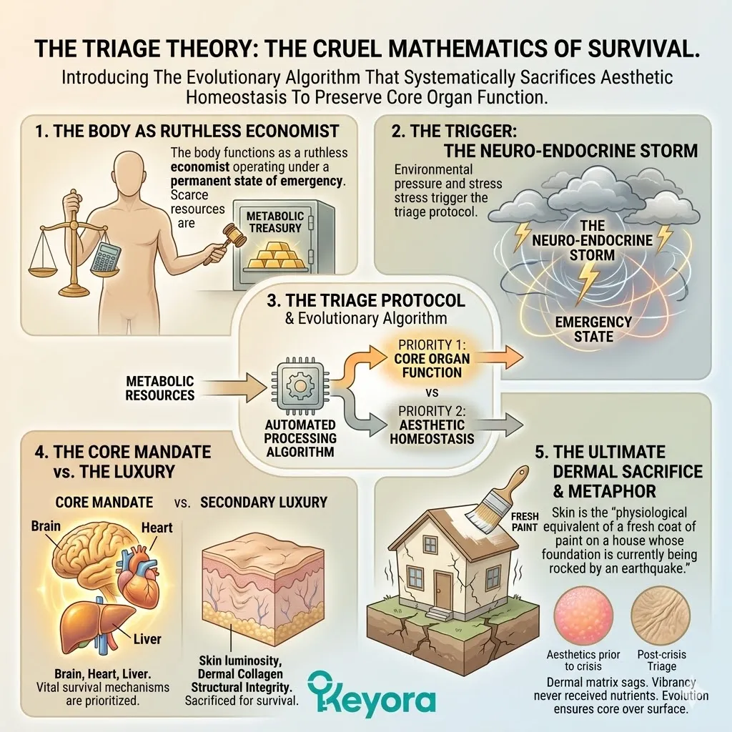 The Triage Theory explains how the Neuro-Endocrine Storm diverts ATP Synthesis to core survival, sacrificing Dermal Matrix integrity for vital organ preservation. The Triage Theory explains how the Neuro-Endocrine Storm diverts ATP Synthesis to core survival, sacrificing Dermal Matrix integrity for vital organ preservation.