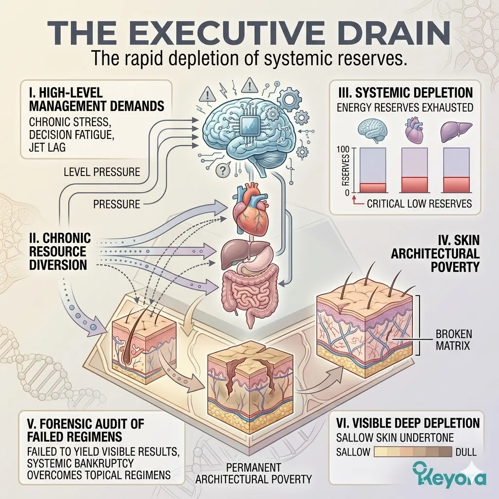 The Executive Drain audits the chronic diversion of ATP Synthesis away from the Dermal Matrix to pay the Metabolic Tax of high-velocity leadership. The Executive Drain audits the chronic diversion of ATP Synthesis away from the Dermal Matrix to pay the Metabolic Tax of high-velocity leadership.