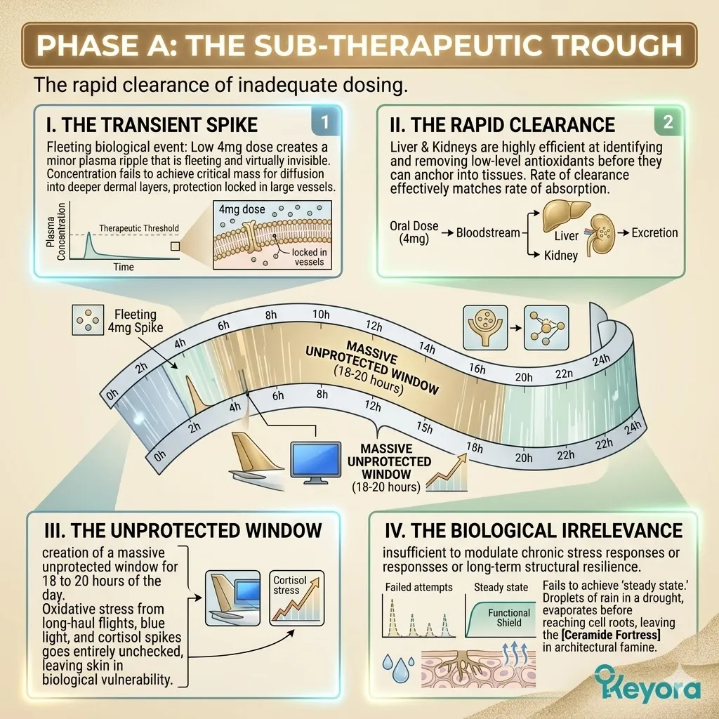 Sub-Therapeutic Troughs cause rapid clearance of low-dose antioxidants, failing to stabilize ATP Synthesis or secure the Ceramide Fortress during stress. Sub-Therapeutic Troughs cause rapid clearance of low-dose antioxidants, failing to stabilize ATP Synthesis or secure the Ceramide Fortress during stress.