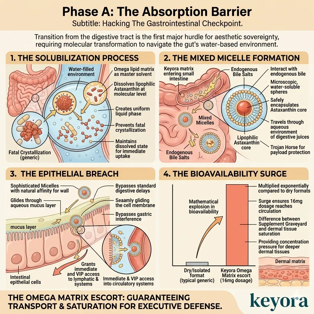 Mixed Micelle Formation acts as a Trojan Horse for Astaxanthin to breach the epithelial barrier and drive a Bioavailability Surge for dermal saturation. Mixed Micelle Formation acts as a Trojan Horse for Astaxanthin to breach the epithelial barrier and drive a Bioavailability Surge for dermal saturation.