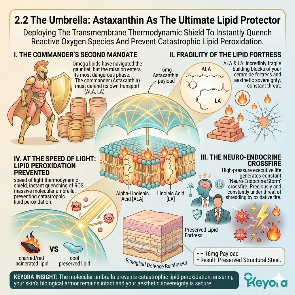 Transmembrane Thermodynamic Shield deploys 16mg Astaxanthin to quench Reactive Oxygen Species and prevent Lipid Peroxidation for aesthetic sovereignty. Transmembrane Thermodynamic Shield deploys 16mg Astaxanthin to quench Reactive Oxygen Species and prevent Lipid Peroxidation for aesthetic sovereignty.