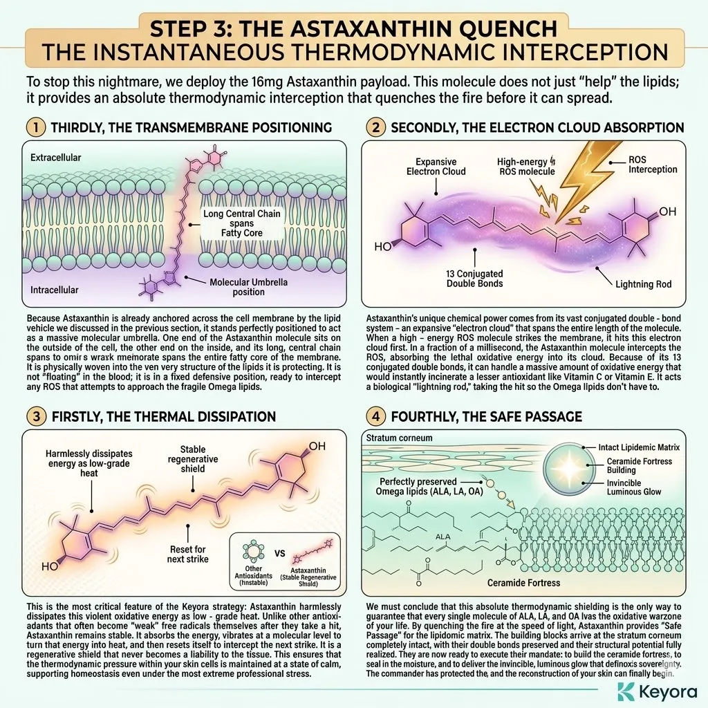 Transmembrane Positioning utilizes the Astaxanthin electron cloud as a biological lightning rod to quench oxidative energy and ensure lipid Safe Passage. Transmembrane Positioning utilizes the Astaxanthin electron cloud as a biological lightning rod to quench oxidative energy and ensure lipid Safe Passage.