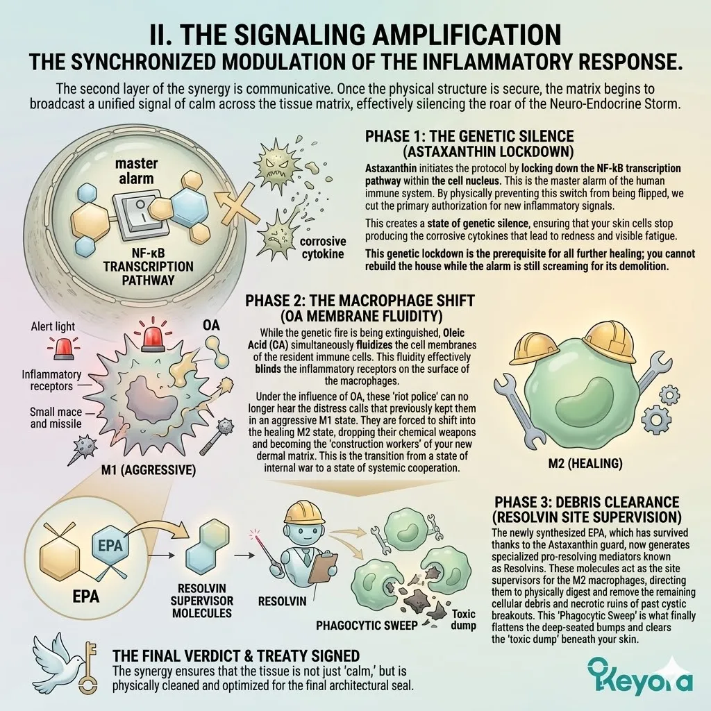 NF-kB genetic lockdown and Oleic Acid membrane fluidization trigger the Macrophage Shift to execute a Phagocytic Sweep of the dermal matrix ruins. NF-kB genetic lockdown and Oleic Acid membrane fluidization trigger the Macrophage Shift to execute a Phagocytic Sweep of the dermal matrix ruins.