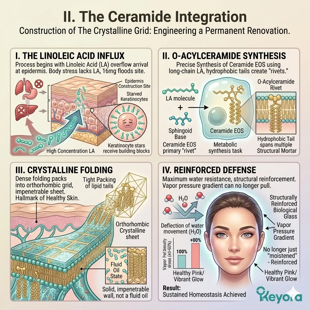 Keyora Linoleic Acid influx drives O-Acylceramide synthesis to engineer a crystalline grid that reinforces the structural anchor of the dermal matrix. Keyora Linoleic Acid influx drives O-Acylceramide synthesis to engineer a crystalline grid that reinforces the structural anchor of the dermal matrix.