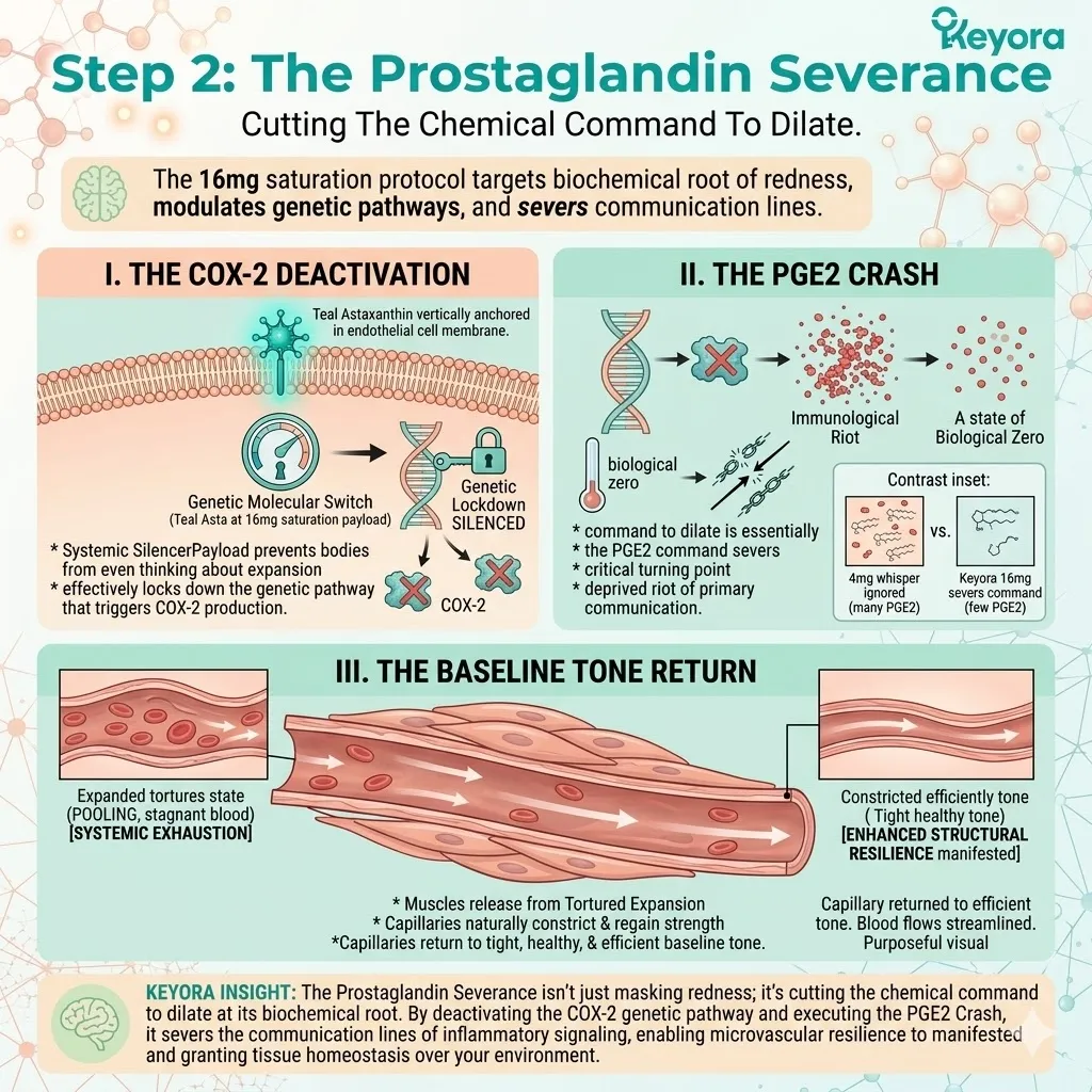 Keyora COX-2 deactivation triggers a PGE2 Crash to sever the chemical command for capillary dilation and restore microvascular structural resilience. Keyora COX-2 deactivation triggers a PGE2 Crash to sever the chemical command for capillary dilation and restore microvascular structural resilience.