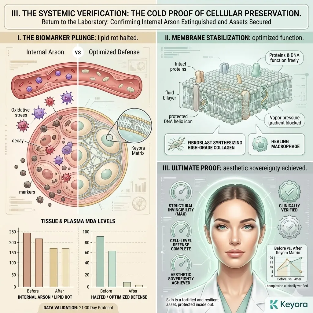Keyora biochemical assays verify a biomarker plunge in MDA levels to achieve membrane stabilization and secure absolute cellular preservation. Keyora biochemical assays verify a biomarker plunge in MDA levels to achieve membrane stabilization and secure absolute cellular preservation.