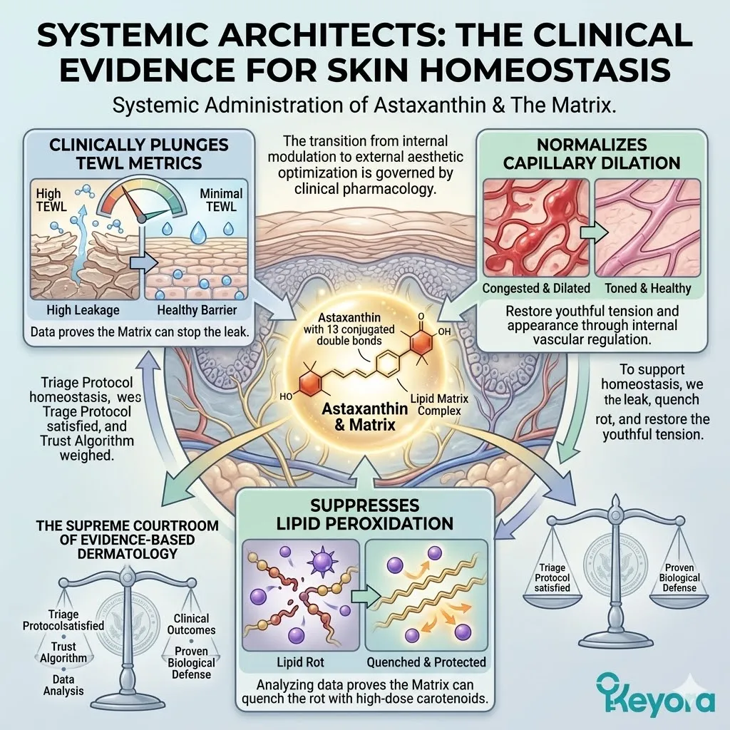 Keyora systemic administration of Astaxanthin utilizes a lipid-optimized matrix to plunge TEWL metrics and restore the youthful tension of the skin barrier. Keyora systemic administration of Astaxanthin utilizes a lipid-optimized matrix to plunge TEWL metrics and restore the youthful tension of the skin barrier.