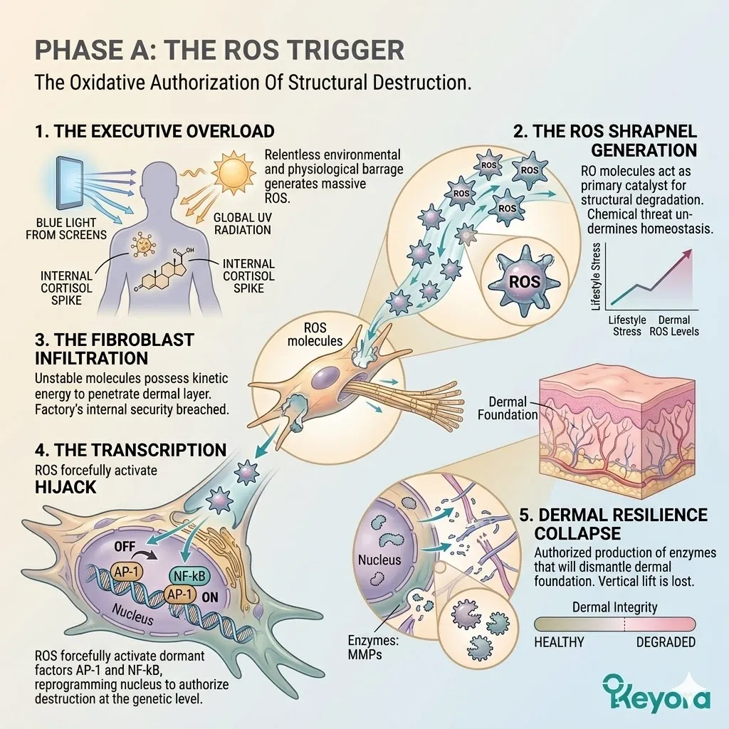 Systemic regulator blockade halts ROS-driven transcription hijack to prevent ATP synthesis failure and protect the absolute structural scaffolding of the ECM. Systemic regulator blockade halts ROS-driven transcription hijack to prevent ATP synthesis failure and protect the absolute structural scaffolding of the ECM.