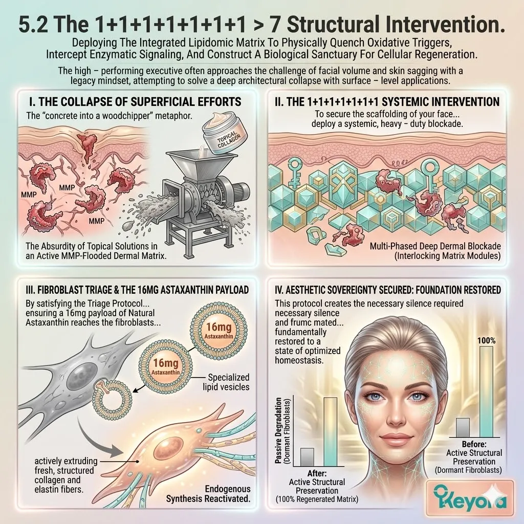 Systemic lipidomic matrix intervention delivers a 16mg astaxanthin payload to quench ROS and block MMP enzymes, securing absolute structural scaffolding. Systemic lipidomic matrix intervention delivers a 16mg astaxanthin payload to quench ROS and block MMP enzymes, securing absolute structural scaffolding.