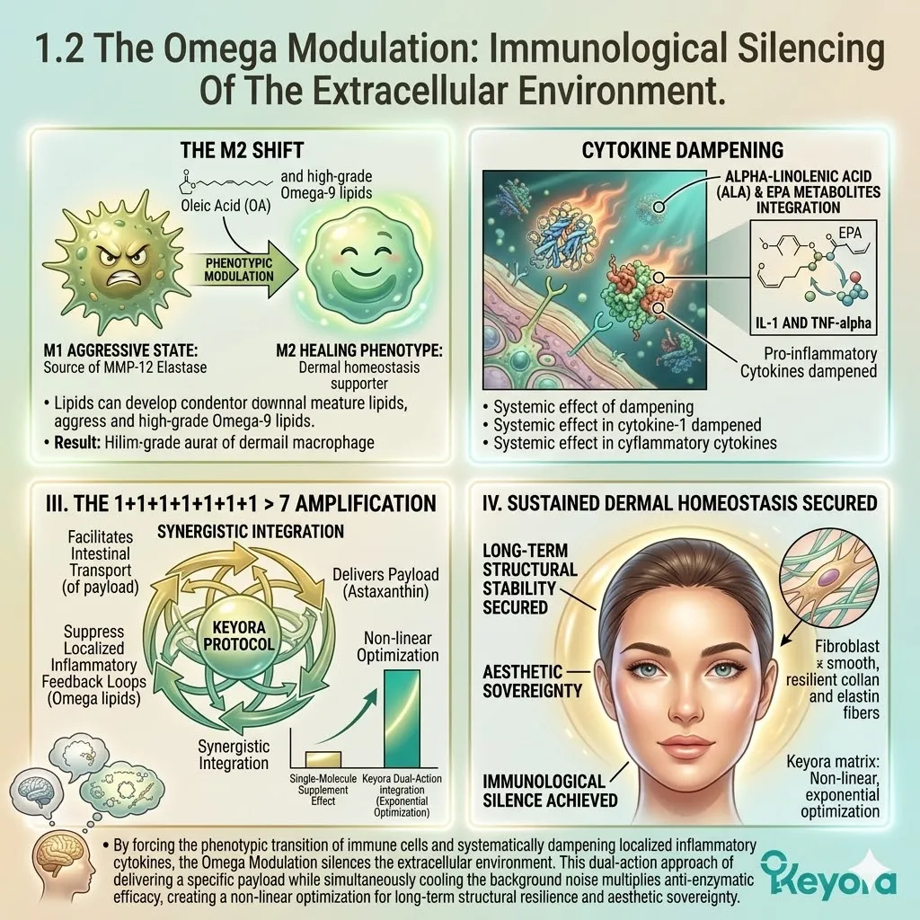 Systemic omega modulation forces the M2 macrophage shift to silence cytokines and block MMP-12 synthesis for absolute structural scaffolding and homeostasis. Systemic omega modulation forces the M2 macrophage shift to silence cytokines and block MMP-12 synthesis for absolute structural scaffolding and homeostasis.