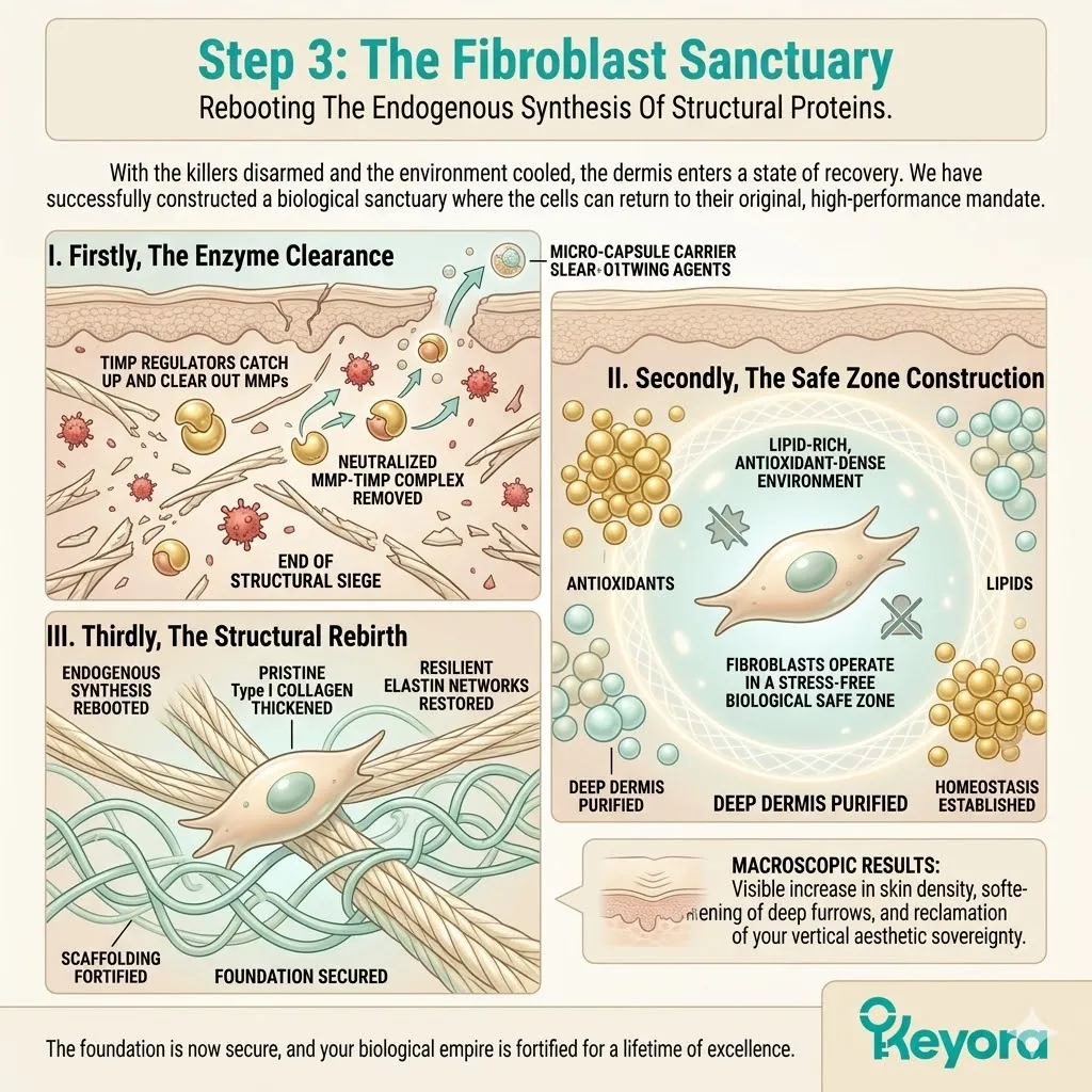 Systemic blockade of MMP production facilitates enzyme clearance and constructs a fibroblast sanctuary to reboot collagen synthesis and secure structural scaffolding. Systemic blockade of MMP production facilitates enzyme clearance and constructs a fibroblast sanctuary to reboot collagen synthesis and secure structural scaffolding.