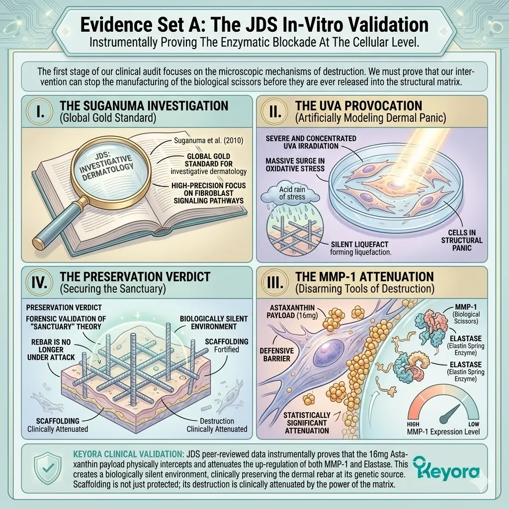 Systemic regulator blockade in the JDS validation proves MMP-1 attenuation and elastin preservation to secure absolute structural scaffolding and homeostasis. Systemic regulator blockade in the JDS validation proves MMP-1 attenuation and elastin preservation to secure absolute structural scaffolding and homeostasis.