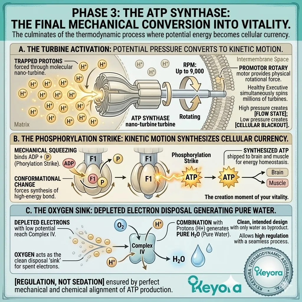 ATP Synthase nano-turbines convert proton pressure into ATP within the Four-Drive System to sustain energy homeostasis and prevent the Cellular Blackout. ATP Synthase nano-turbines convert proton pressure into ATP within the Four-Drive System to sustain energy homeostasis and prevent the Cellular Blackout.
