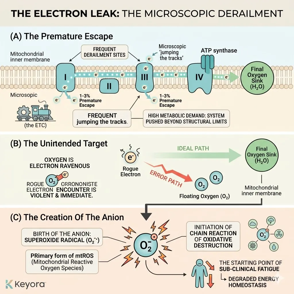 Electron leaks at Complex I and III generate superoxide radicals within the Four-Drive System to manage rogue electrons and prevent a Cellular Blackout. Electron leaks at Complex I and III generate superoxide radicals within the Four-Drive System to manage rogue electrons and prevent a Cellular Blackout.