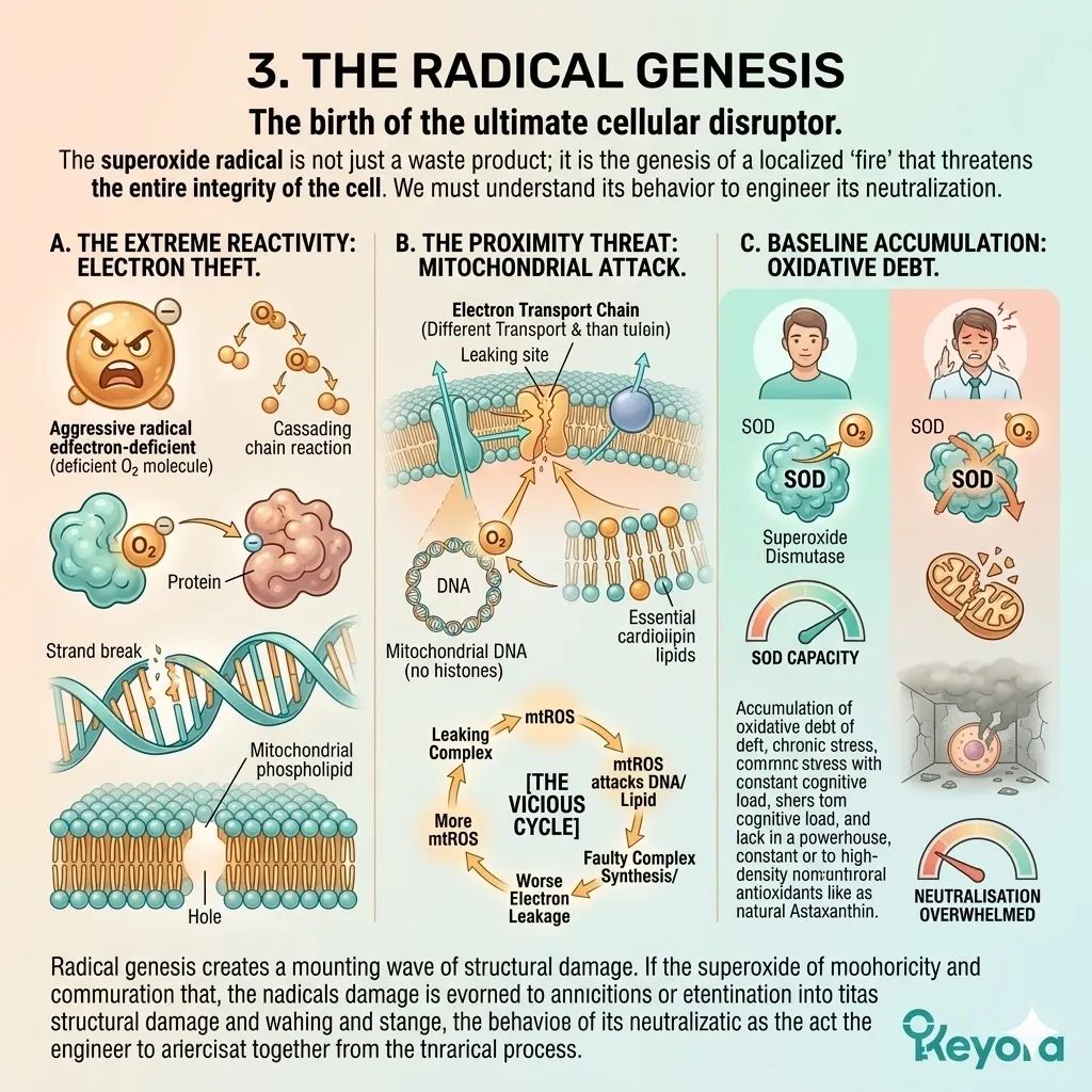 Superoxide radicals trigger cascading electron theft within the Four-Drive System to manage oxidative debt and prevent the Vicious Cycle of decay. Superoxide radicals trigger cascading electron theft within the Four-Drive System to manage oxidative debt and prevent the Vicious Cycle of decay.