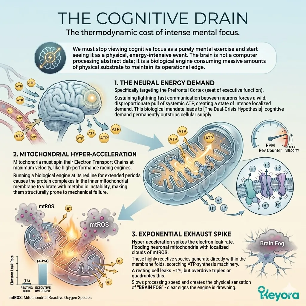 Neural energy demand drives mitochondrial hyper-acceleration and an exponential exhaust spike within the Four-Drive System to manage cognitive drain. Neural energy demand drives mitochondrial hyper-acceleration and an exponential exhaust spike within the Four-Drive System to manage cognitive drain.