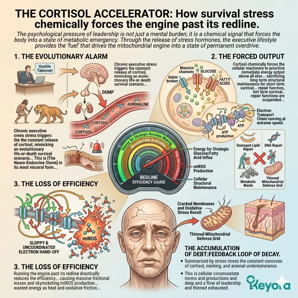 Cortisol-induced forced output and the Neuro-Endocrine Storm drive the Four-Drive System past its redline, accelerating mtROS and metabolic waste. Cortisol-induced forced output and the Neuro-Endocrine Storm drive the Four-Drive System past its redline, accelerating mtROS and metabolic waste.