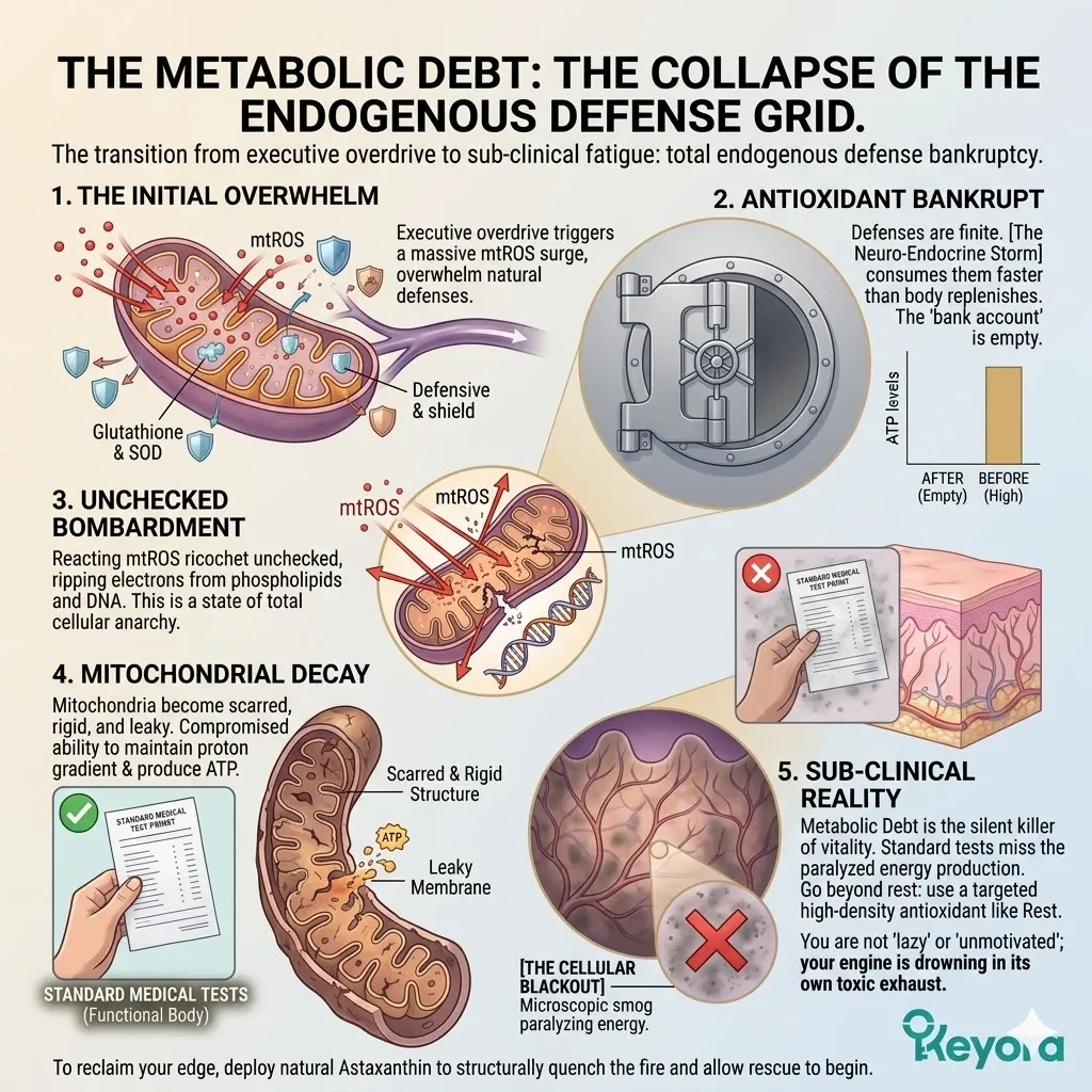 Mitochondrial antioxidant depletion and unchecked mtROS bombardment within the Four-Drive System drive the Cellular Blackout and systemic metabolic debt. Mitochondrial antioxidant depletion and unchecked mtROS bombardment within the Four-Drive System drive the Cellular Blackout and systemic metabolic debt.