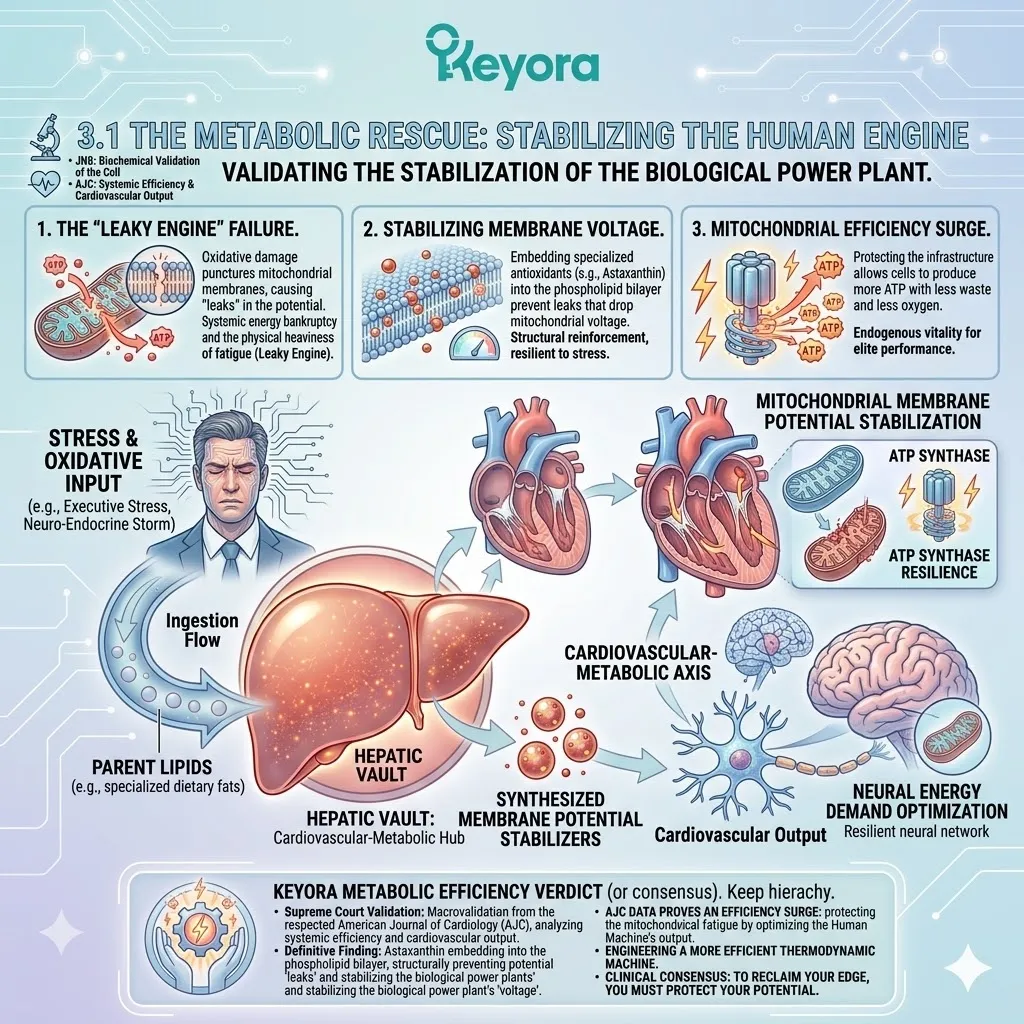 Astaxanthin stabilizes mitochondrial membrane potential and prevents energy leaks within the Four-Drive System to optimize ATP metabolic efficiency. Astaxanthin stabilizes mitochondrial membrane potential and prevents energy leaks within the Four-Drive System to optimize ATP metabolic efficiency.