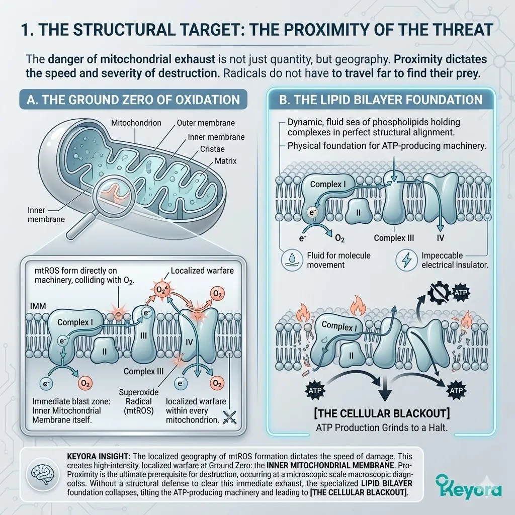 The Inner Mitochondrial Membrane acts as ground zero for mtROS bombardment within the Four-Drive System to prevent lipid bilayer collapse and ATP insolvency. The Inner Mitochondrial Membrane acts as ground zero for mtROS bombardment within the Four-Drive System to prevent lipid bilayer collapse and ATP insolvency.