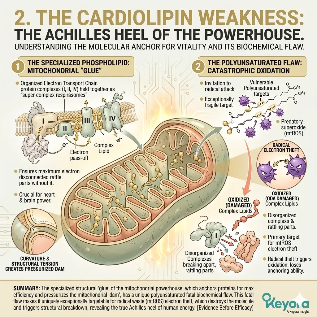 Cardiolipin serves as the specialized phospholipid glue within the Four-Drive System to anchor super-complexes and prevent oxidative electron theft. Cardiolipin serves as the specialized phospholipid glue within the Four-Drive System to anchor super-complexes and prevent oxidative electron theft.