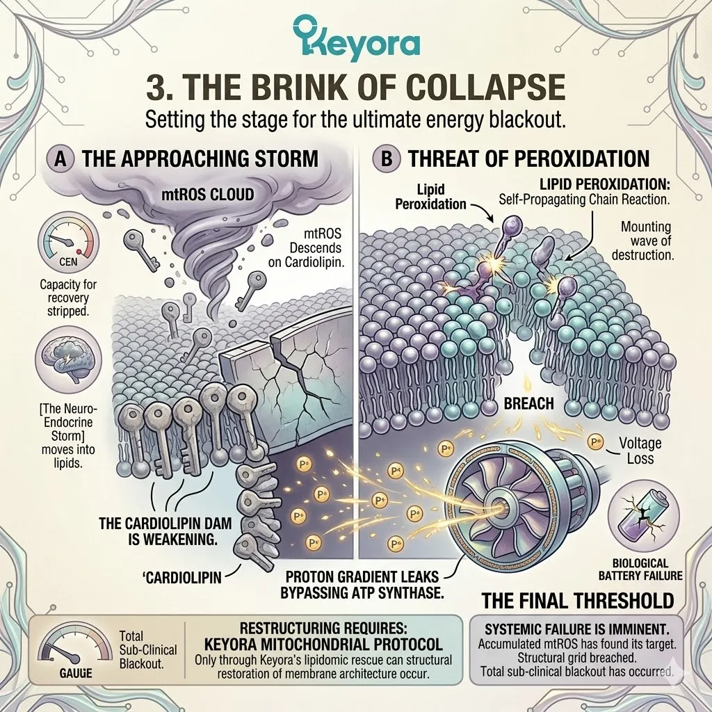 Lipid Peroxidation within the Four-Drive System triggers a structural breach and proton leakage to induce a total sub-clinical energy blackout. Lipid Peroxidation within the Four-Drive System triggers a structural breach and proton leakage to induce a total sub-clinical energy blackout.
