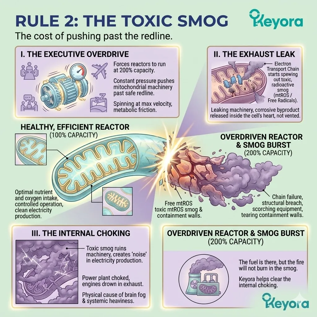 Executive overdrive triggers a toxic smog of mtROS within the Four-Drive System, scorching mitochondrial machinery and causing systemic internal choking. Executive overdrive triggers a toxic smog of mtROS within the Four-Drive System, scorching mitochondrial machinery and causing systemic internal choking.