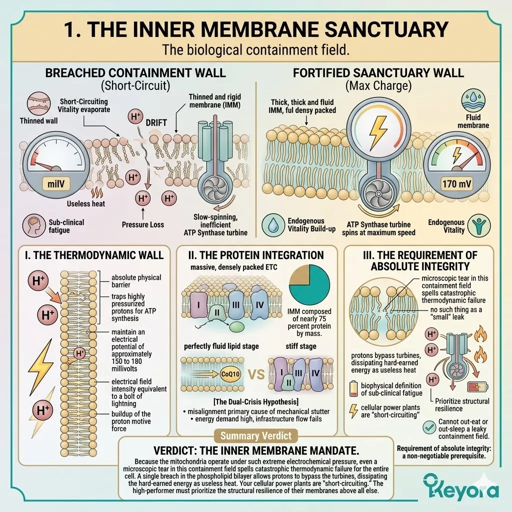 Mitochondrial membrane breach disrupts the Thermodynamic Wall and protein integration, causing an ATP short-circuit that requires a systemic regulator for repair. Mitochondrial membrane breach disrupts the Thermodynamic Wall and protein integration, causing an ATP short-circuit that requires a systemic regulator for repair.