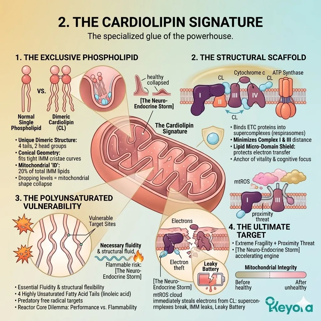 Cardiolipin degradation during a Neuro-Endocrine Storm disrupts supercomplex scaffolds, causing mitochondrial collapse and a systemic energy leak that requires a regulator. Cardiolipin degradation during a Neuro-Endocrine Storm disrupts supercomplex scaffolds, causing mitochondrial collapse and a systemic energy leak that requires a regulator.