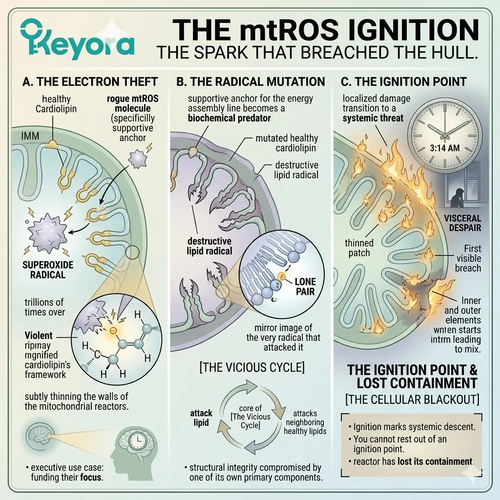 Superoxide radicals trigger electron theft and cardiolipin mutation, igniting a vicious cycle that breaches the mitochondrial hull and induces a Cellular Blackout. Superoxide radicals trigger electron theft and cardiolipin mutation, igniting a vicious cycle that breaches the mitochondrial hull and induces a Cellular Blackout.