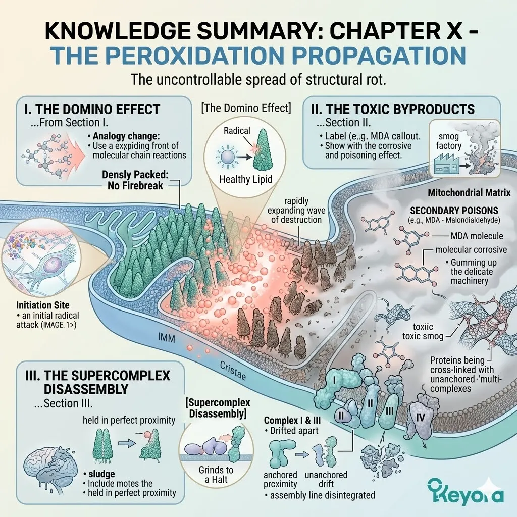 Peroxidation propagation causes domino-effect lipid destruction and supercomplex disassembly, creating structural rot that requires a systemic regulator. Peroxidation propagation causes domino-effect lipid destruction and supercomplex disassembly, creating structural rot that requires a systemic regulator.