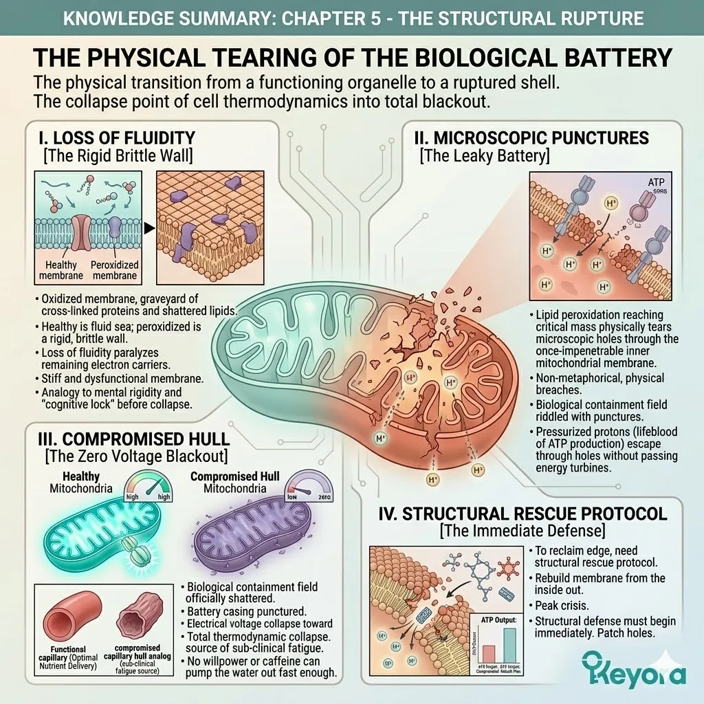 Mitochondrial structural rupture and membrane rigidity cause physical punctures in the biological battery, requiring a systemic regulator to patch the compromised hull. Mitochondrial structural rupture and membrane rigidity cause physical punctures in the biological battery, requiring a systemic regulator to patch the compromised hull.
